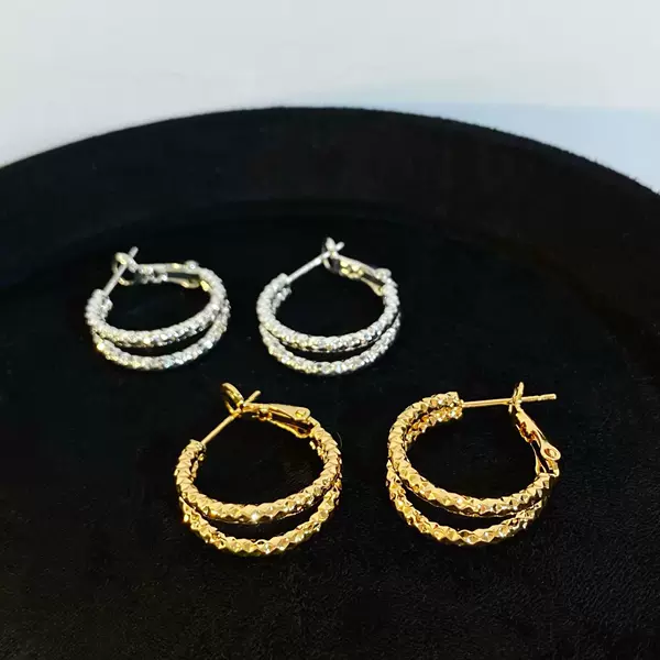 Copper Plated with Real Gold, Korean Style Simple Double-Layered Diamond Pattern Hoop Earrings, New Minimalist Fashion Elegant Ear Hoops and Accessories