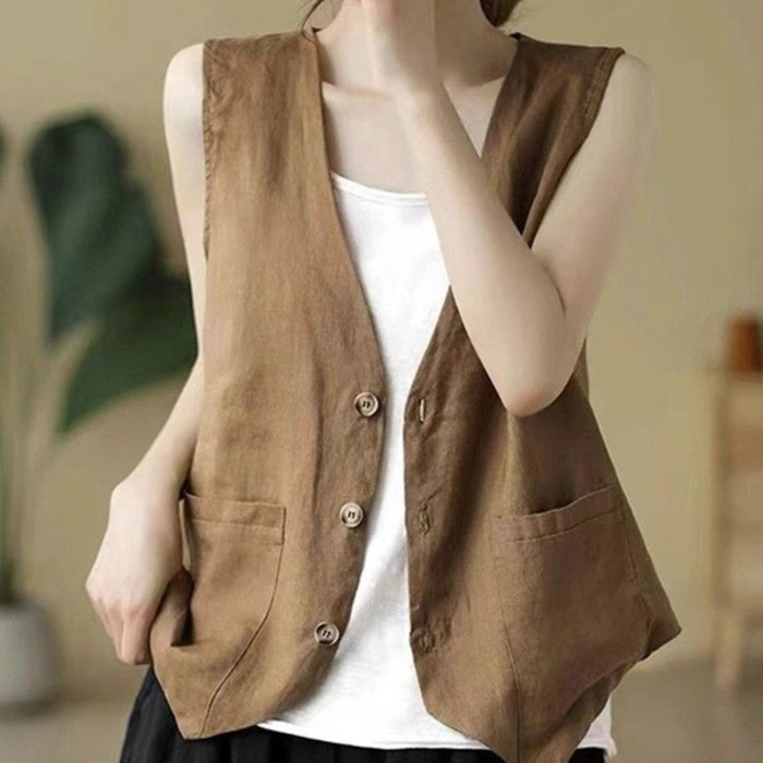 Ropa de primavera nueva literatura y arte universal relajado comercio exterior retro sin mangas cuello en V medio largo chaleco de lino abrazadera chaqueta mujer