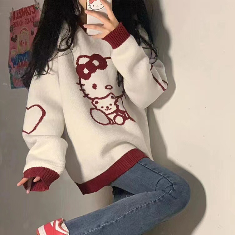 Japanese Style Cute Cartoon Sweater Soft Girl All-match Sweet Crewneck Pullover Loose Spring and Autumn Knitted Top for Small Women