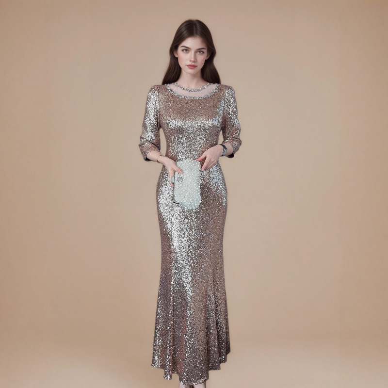 Daiwei Champagne Gold Dress Mermaid Long Three-Quarter Sleeve Annual Party Wedding Banquet High-End Elegant Formal Occasion Dress Daiwei Champagne Gold Dress Mermaid Long Three-Quarter Sleeve Annual Party Wedding Banquet High-End Elegant Formal Occasion Dress