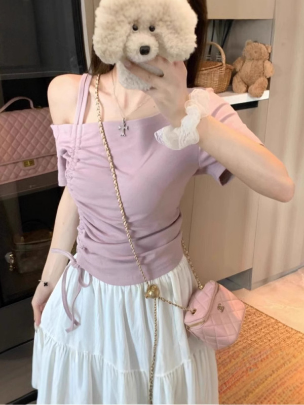 2025 新しいアメリカンホットガールワンショルダー半袖 Tシャツ女性の夏のデザインスリムフィットショートトップトレンディ|undefined