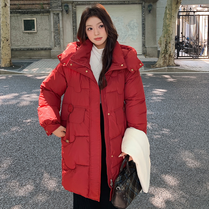 Moda transfronteriza de pluma media y larga mujer 2025 invierno nuevo algodón grueso abrigo de invierno con capuzas cálidas