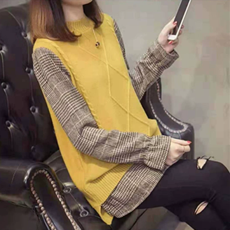 Женский пуловер из двух частей, искусственный свитер с вышивкой в клетку, свободная верхняя одежда, вязаный свитер с рукавами-Рогом, осень 2019