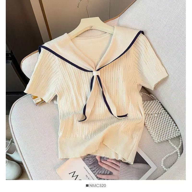 Sweet College Style Navy Collar Contrasting Short-Sleeved Shirt for Women Summer Casual Fashionable Age-Reducing Versatile Knitted Top Trendy Sweet College Style Navy Collar Contrasting Short-Sleeved Shirt for Women Summer Casual Fashionable Age-Reducing Versatile Knitted Top Trendy