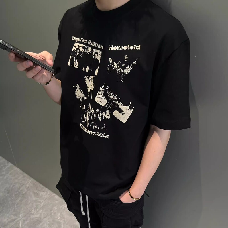 Rammstein Tank Band Metal Rock Distressed Print 300Gboxy Heavy Weight Summer Short Sleeve T-Shirt Top