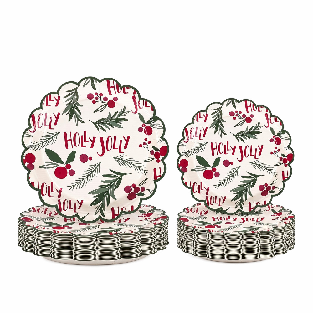 Holly Jolly holly berry Christmas paper plates scallop edge American style holiday party disposable plates