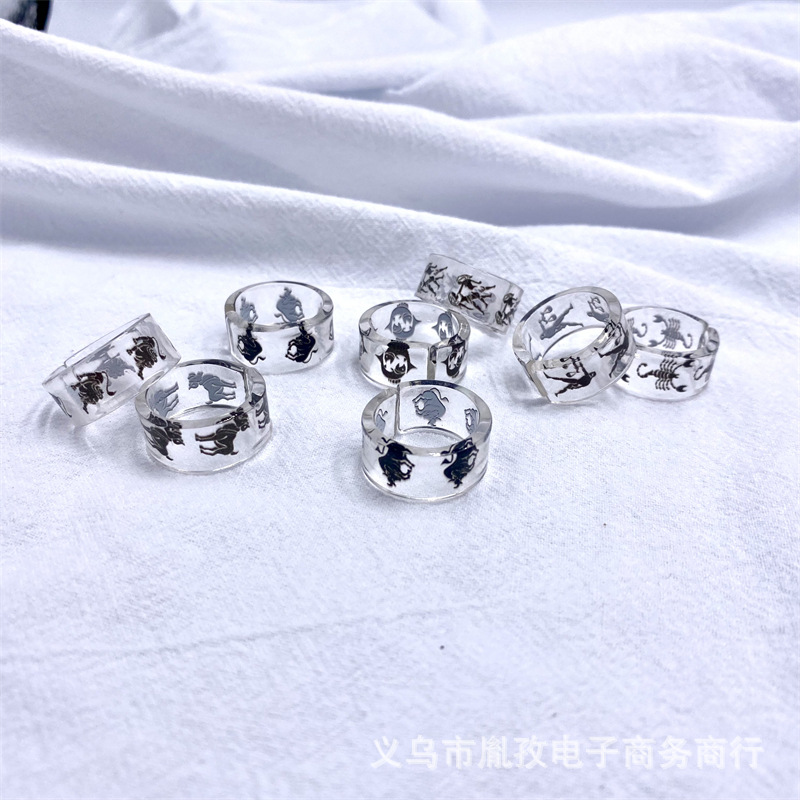 Nuevo 12 constelación patrón acrílico resina anillo transparente personalidad ajustable anillo transfronterizo Venta caliente exclusivo