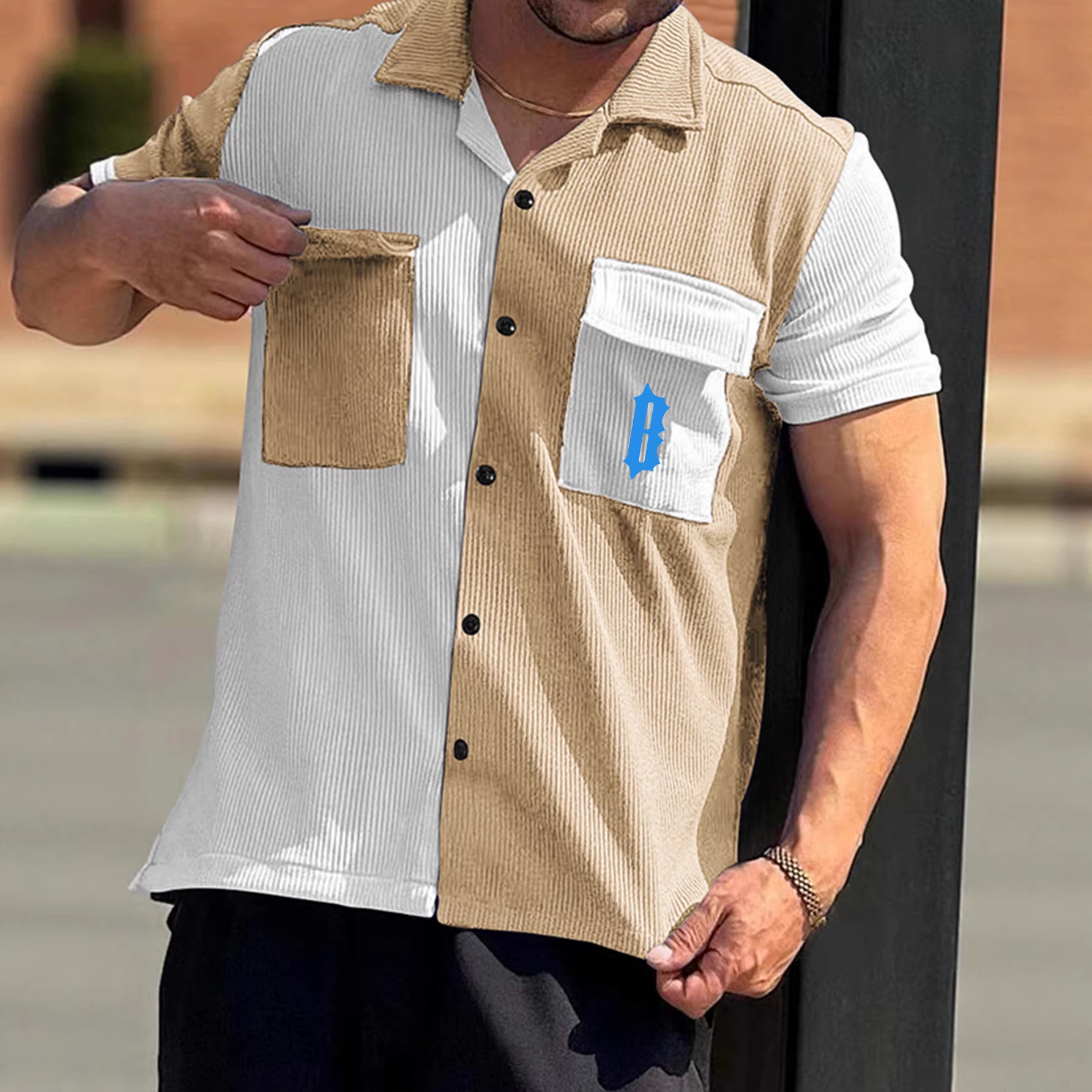 26 Summer Hot-Selling Cross-Border European and American Men's Color-Blocked Short-Sleeve Breathable Casual Beach Shirt Button-Up T-Shirt Print