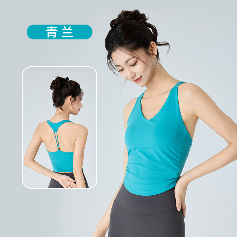 跨境瑜伽服背心上衣女带胸垫镂空美背健身服背心腰部抽褶运动背心|undefined