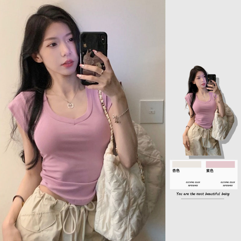夏のユニークなタイのデザインvネックの肩の半袖tシャツの女性のアーチ型の裾のスリムなスリムな短い上着の卸売り|undefined