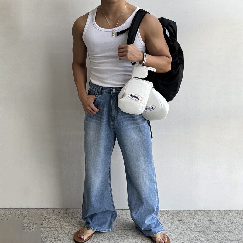 American-Style White Heavyweight Gym Sports Vest for Men, Summer Ribbed Tank Top, Breathable Sleeveless Training T-Shirt