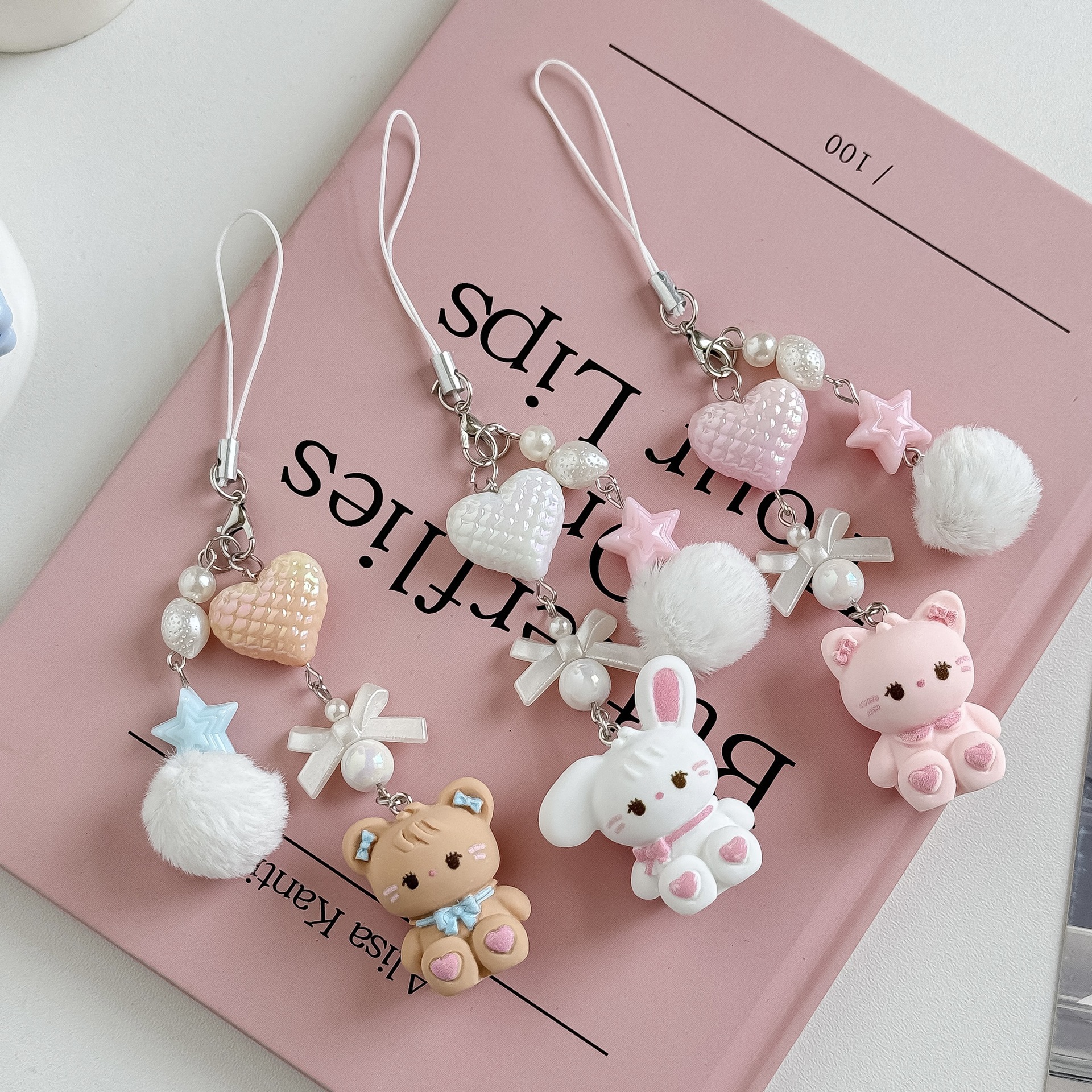 Cute Cartoon Bag Pendant Bunny Mobile Phone Chain Heart Ccd Camera Lanyard Hair Ball Keychain Anti-Lost Pendant