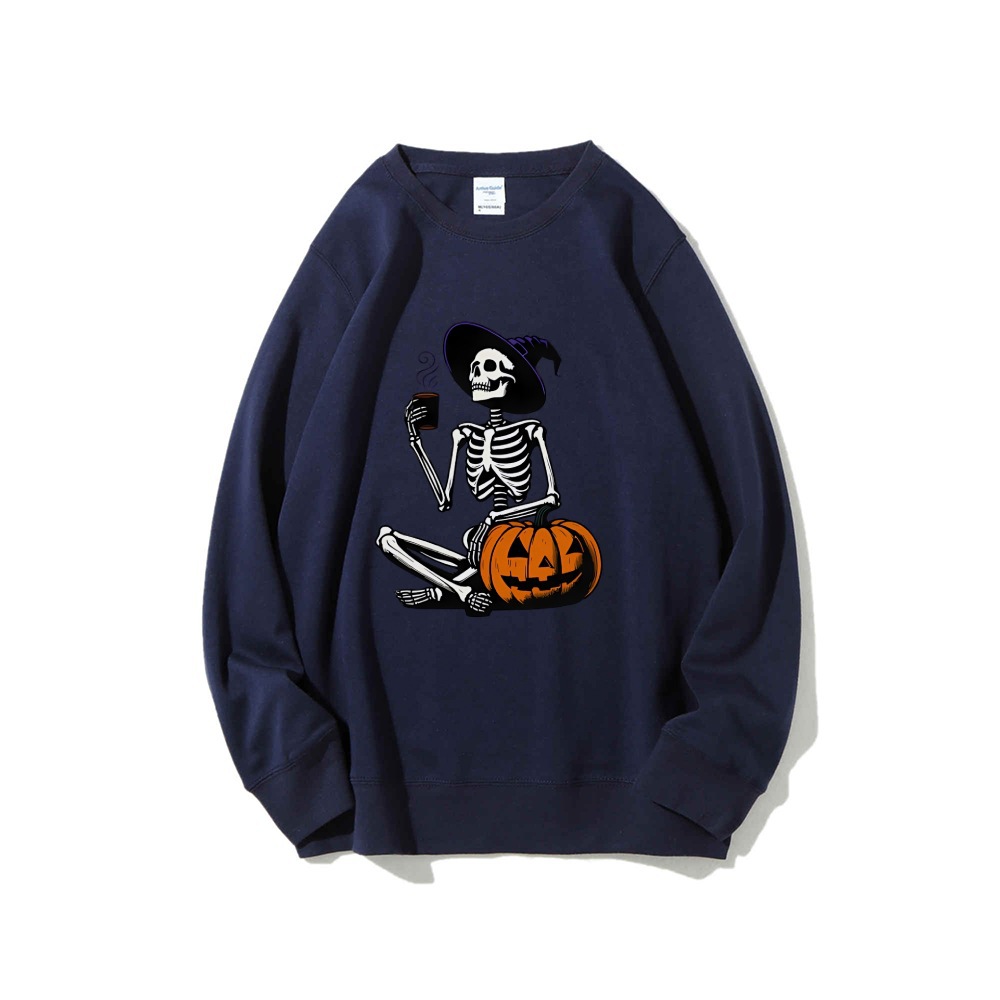 Skeleton Pumpkin Halloween Long Sleeve Top Retro Fall Coffee