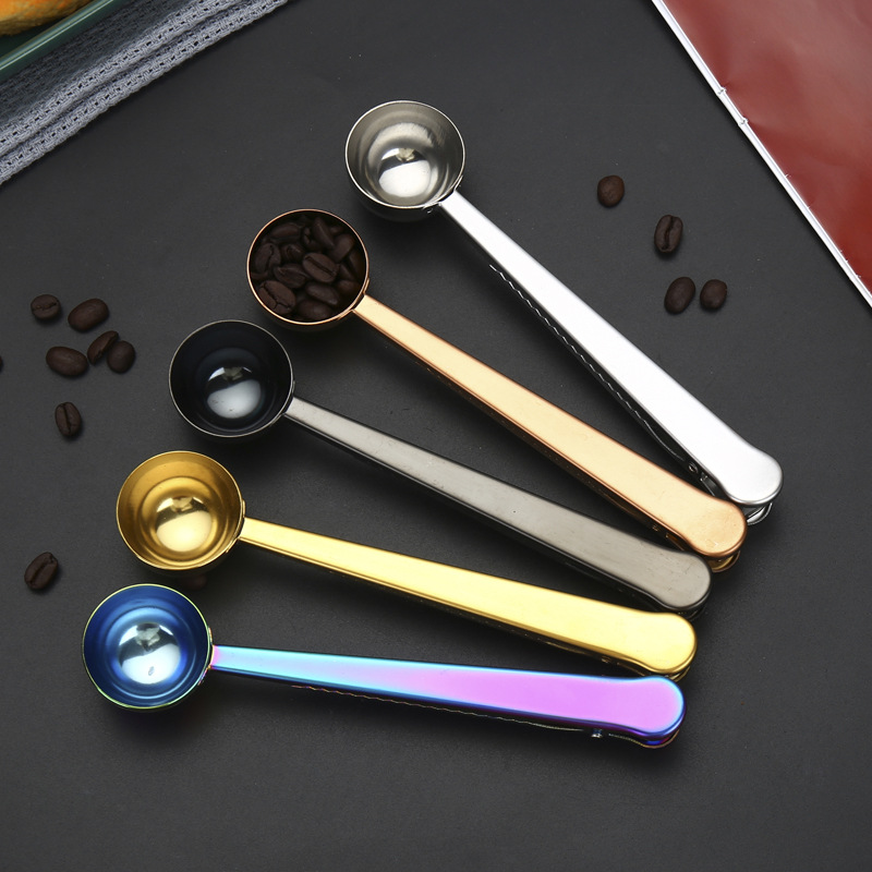 430 de acero inoxidable cuchara de leche en polvo clip de sellado bolsa de cuchara clip de sellado multifuncional dos en uno café con clip cuchara medidora