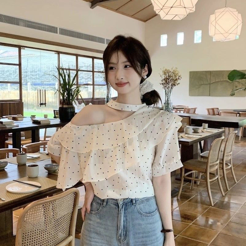 2025 뉴 여름 루즈 스위트 탑 폴카 도트 오프 숄더 러플 홀터 셔츠 여성 쉬폰 셔츠 반팔 여름