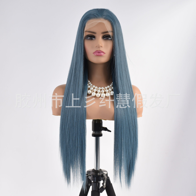 Wig Half Lace Hand Hook Smoke Blue Lady Long Straight Hair High Temperature Matte Chemical Filament Factory Wholesale Drop Shipping