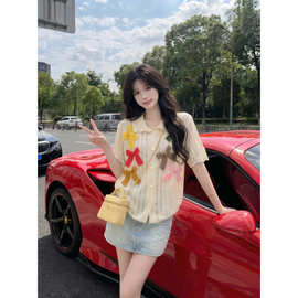 实拍~彩色蝴蝶结镂空针织衫2026新款夏季甜美减龄设计感短袖