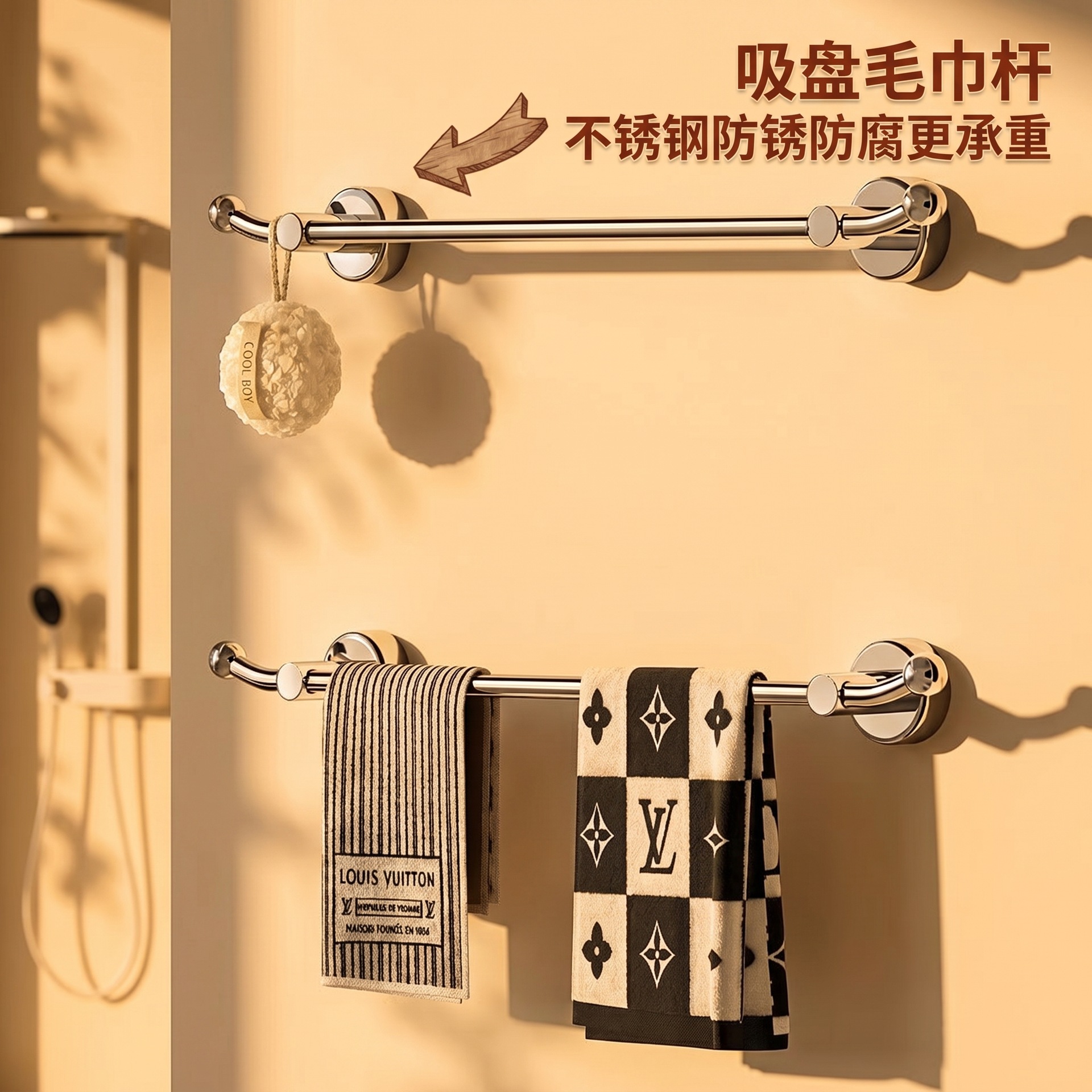 Stainless steel towel rack with suction cups, no drilling required, double-bar towel hanger for bathroom, wall-mounted towel rack for toilet