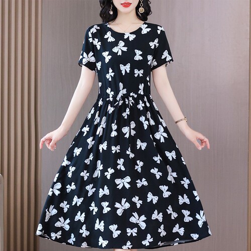 Women's Cotton Silk Dress for Middle-Aged and Elderly, 40-50 Years Old, Mother's Summer Short Sleeve Loose Medium Length Artificial Cotton Skirt