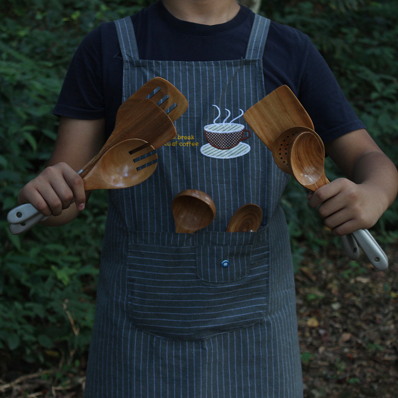 相思木烹飪鏟勺8件套裝沙拉勺叉攪拌勺銀色手柄鍋鏟牛排煎鏟木鏟