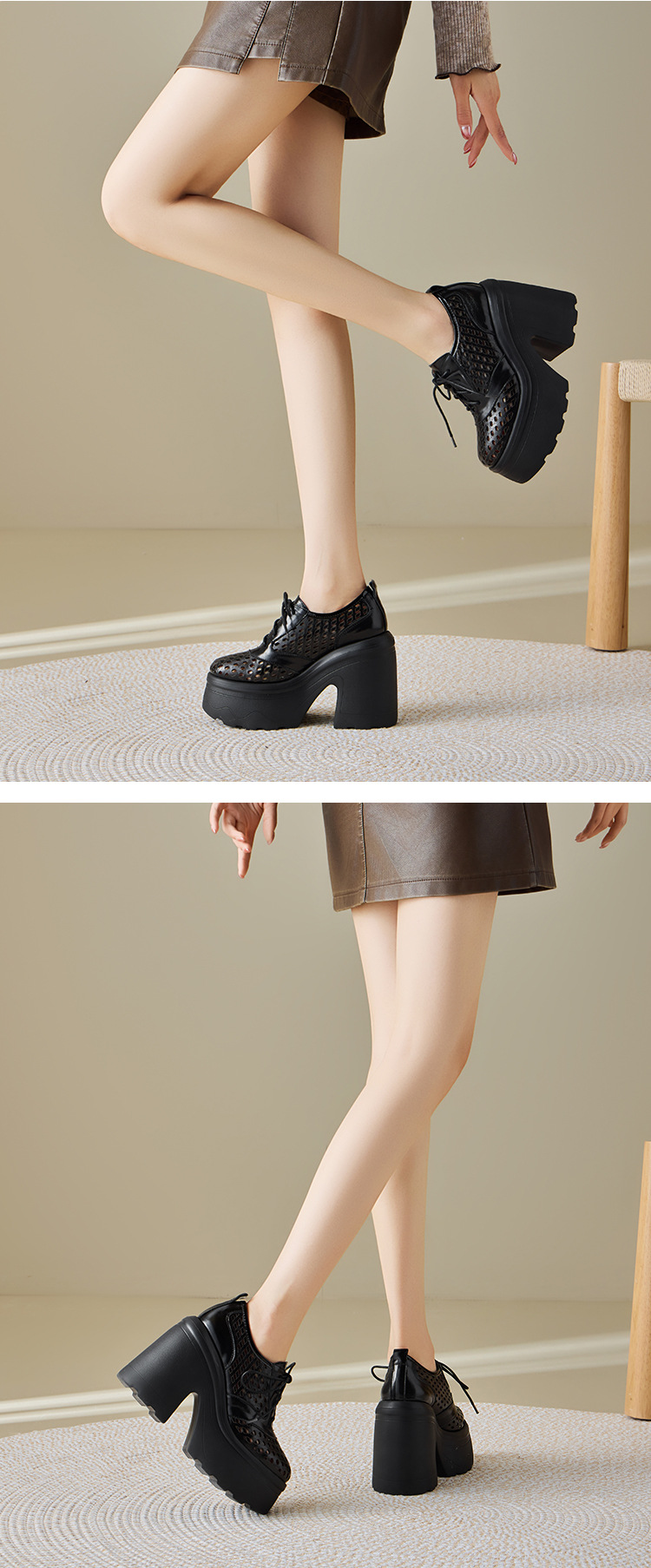 Giày loafer nữ gót cao đế xuồng platform da bò thật, phong cách hở mũi buộc dây thoáng khí — màu đen, màu trắng, màu đỏ chi tiết 8