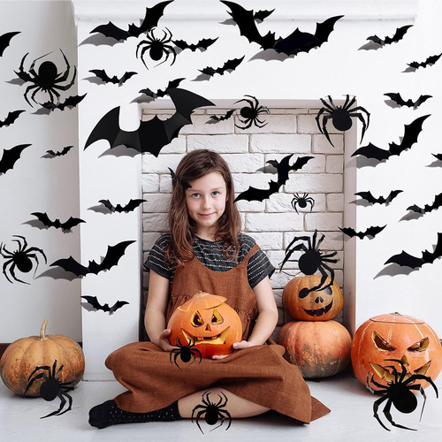68PCS Large Halloween 3D Spider and Bat Wall Sticker Combination Halloween Decoration 3D Black Bat Sticker