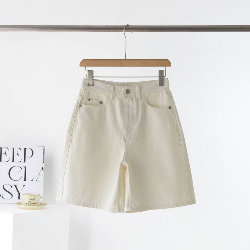 Mo Denim Shorts White Mid-Waist A-Line Five-Point Pants for Women Summer Loose Straight Cotton Casual Versatile Pants Mo Denim Shorts White Mid-Waist A-Line Five-Point Pants for Women Summer Loose Straight Cotton Casual Versatile Pants