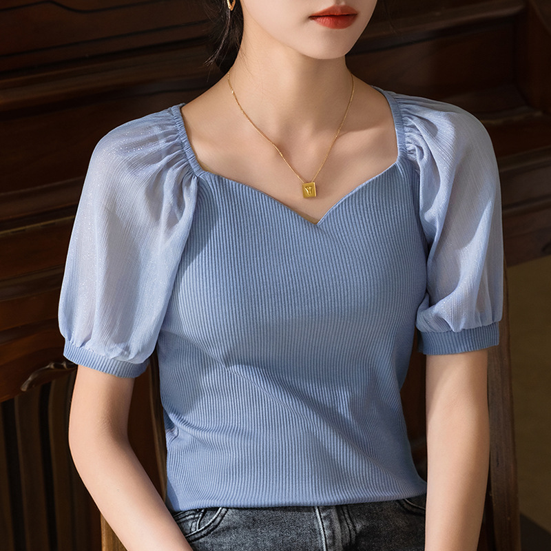 Camiseta modal de manga corta para mujer verano 2023 nueva Camiseta de algodón con costura de gasa para mujer Camiseta de cuello cuadrado de clavícula francesa