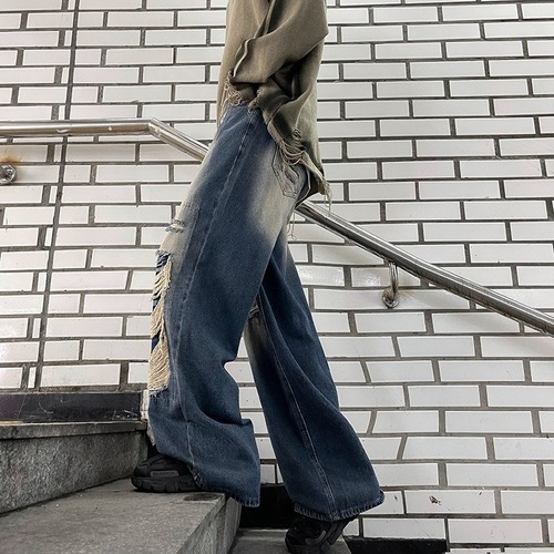 Vintage American-style ripped jeans for men and women, washed and distressed, loose wide-leg straight-leg floor-length streetwear brand pants
