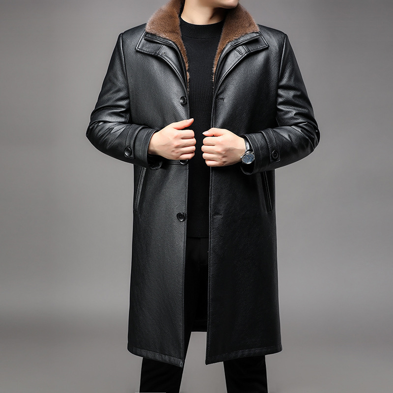 Haining Mid-Length Mink Fur-Lined Leather Coat for Men, Over-The-Knee Coat with a Lapel, Fur-Integrated Leather Trench Coat for Men, Direct Sale