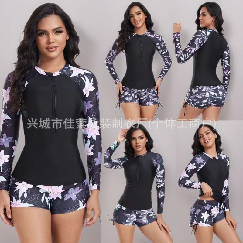 European and American New Split Swimsuit Printed Two-piece Long-sleeved Swimsuit Women's Suit Amazon Cross-border Beach Surfsuit