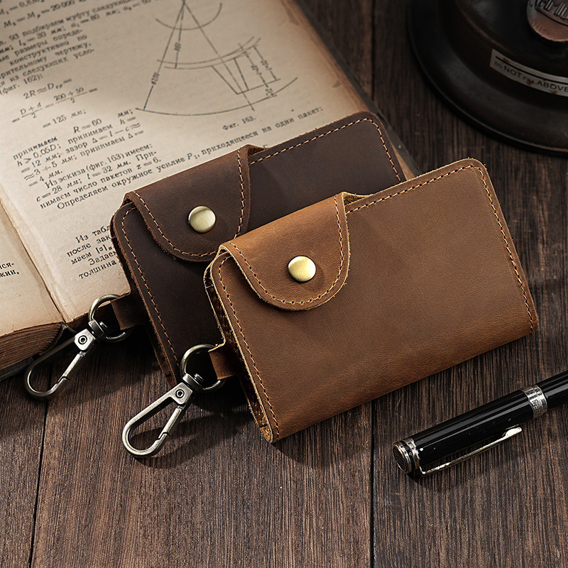 Crazy Horse Leather Vintage Key Bag Men's Genuine Leather Waist Hanging Key Bag Door Control Card Key Case Home Key Storage Bag