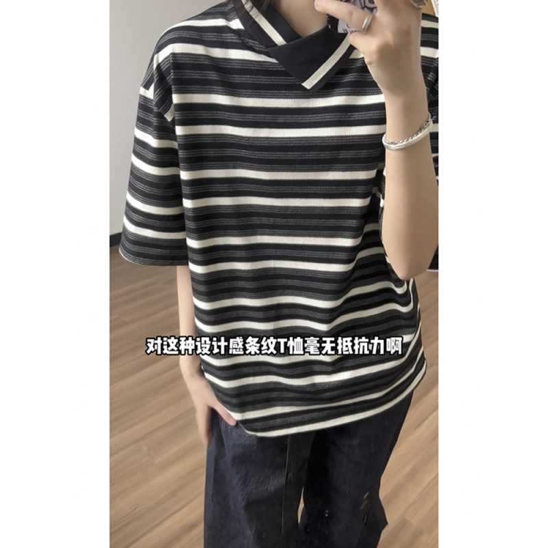 Irregular Neckline Stripesd Short-Sleeved Polo Shirt Men's Summer New Trendyy Design Loose Casual Half-Sleeved T-Shirt