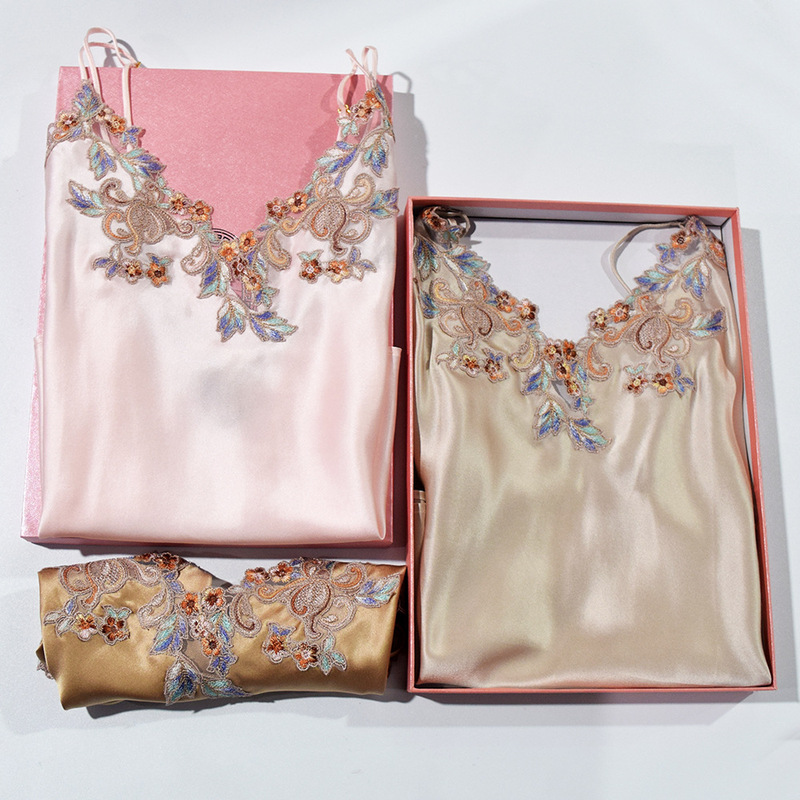 Goddess Light Luxury Embroidered Morning Gown LP Sexy Long Halter Skirt Nightgown Inner Short Silk Pajamas Home Clothes Set