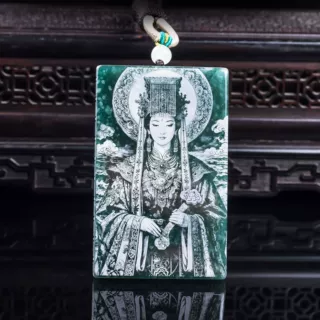 天然a货翡翠妈祖双面精工影雕高冰种老玉石吊坠挂件玉美
