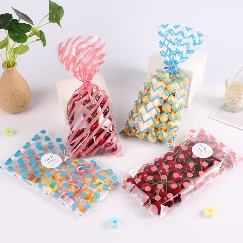 亚马逊热销cellophane bag零食饼干袋派对礼品条纹圆点扎带平口袋