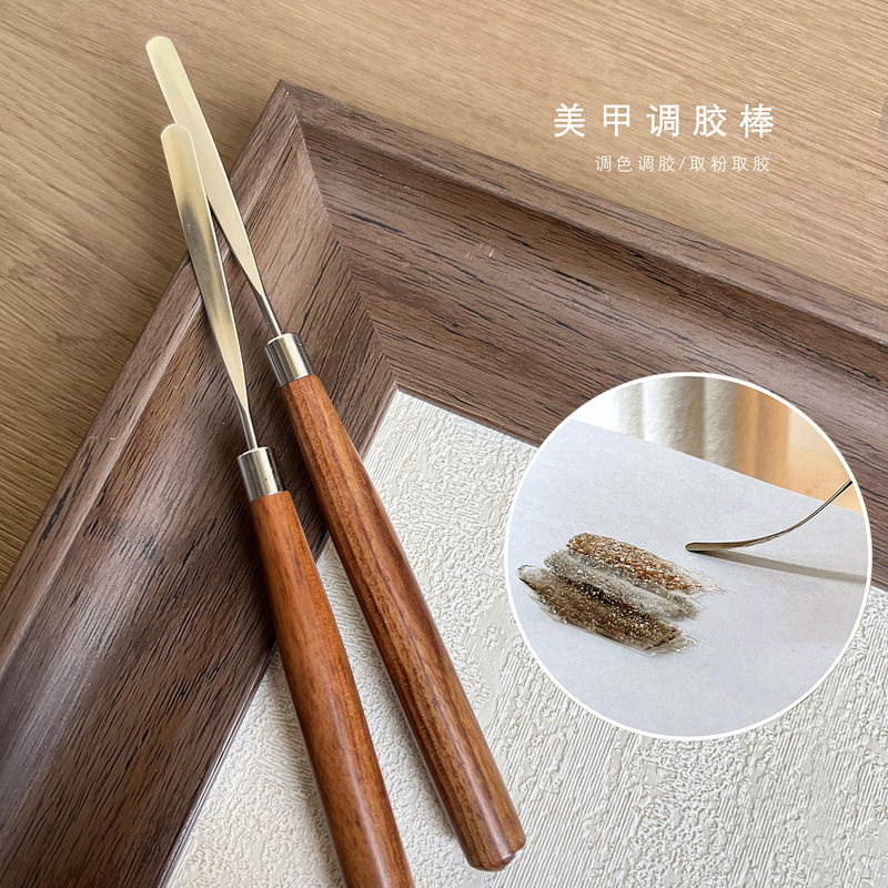 Japanese-Style Gel Nail Art Color Mixing Stick, Natural Wood Frosted Acrylic Pen Holder, Stainless Steel Nail Polish Gel Removal Tool