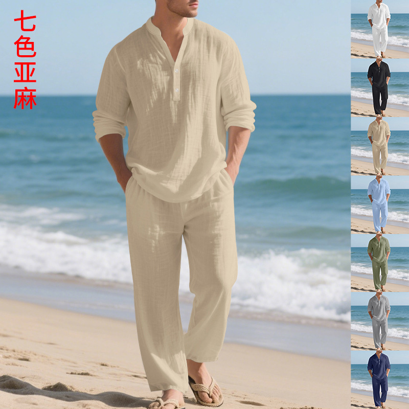 Cross-Border Men's Linen Autumn Loose Casual Breathable V-Neck Henley Shirt Long-Sleeve Long Pants Set Autumn New Arrivals