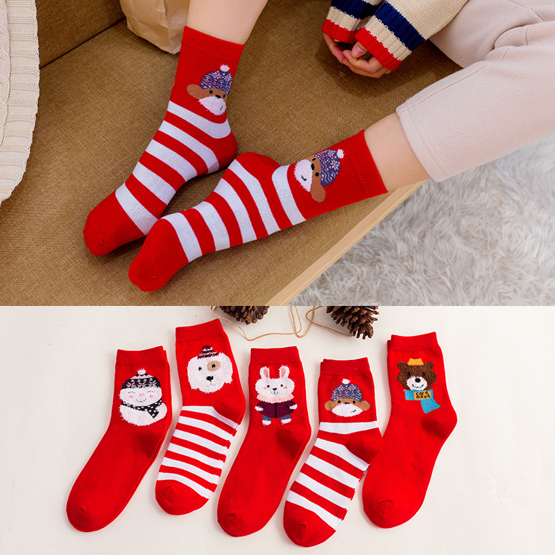 Calcetines de algodón de color puro calcetines de moda de dibujos animados a rayas de oso de media pantorrilla de mujer Festival de Primavera Año Nuevo rojo cumpleaños año festivo Calcetines