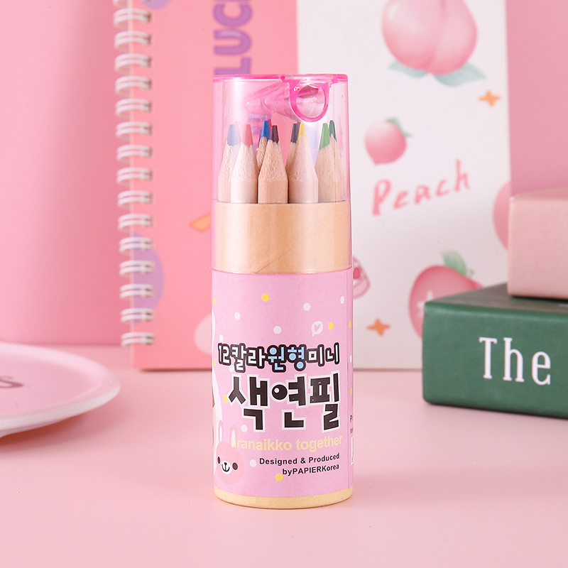 Coreana encantadora flotante 12 lápiz de color dibujos animados barril de dibujo de estudiantes de arte lápiz con cuchillo de lápiz