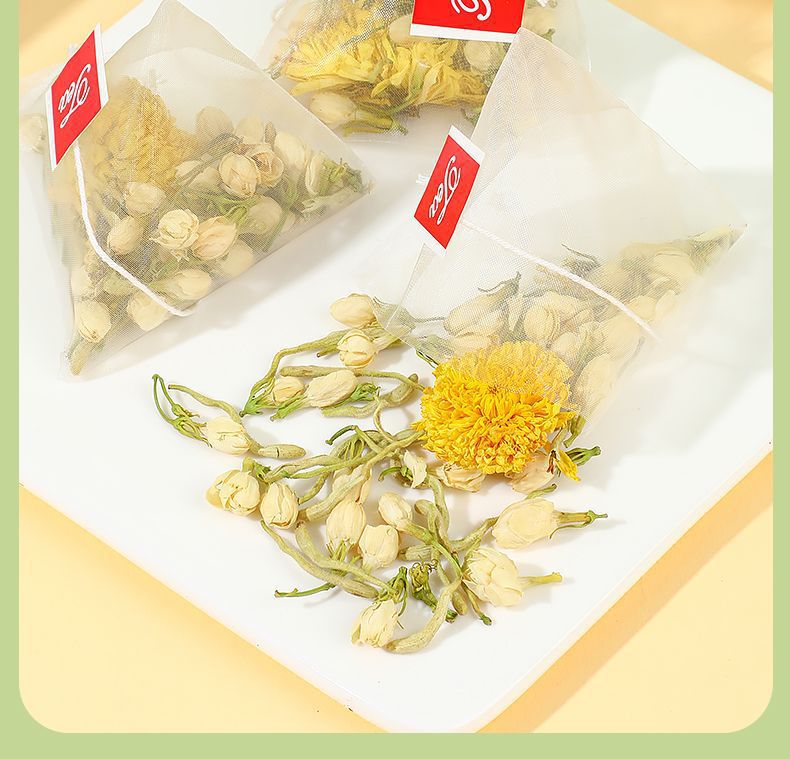 Three Flower Tea San Hua Cha Herbal Tea Bags 30 Pack Honeysuckle Chrysanthemum Jasmine in use