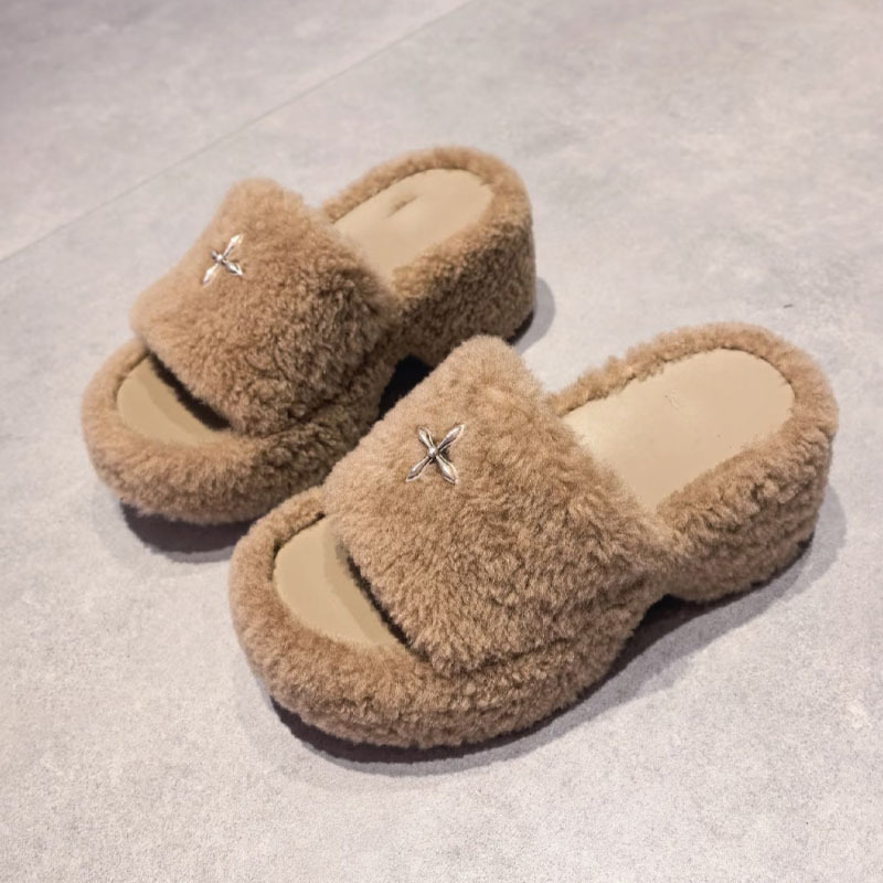 Smfk Cross Statue Fur Integrated High-Heeled Slippers Multi-Color Shearling Outer Wear Casual Thick-Soled Women's Slippers