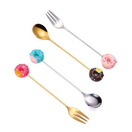 Wholesale Instagram desserts fruit fork and spoon set gold-plated stirrer coffee spoon creative donut 430 stainless steel spoon