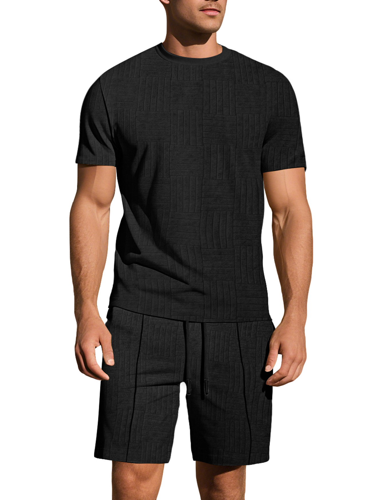 Transfronterizo Europa y América Amazon verano hombre suelto transpirable Jacquard color sólido mangas cortas pantalones cortos deportivos casuales para hombres