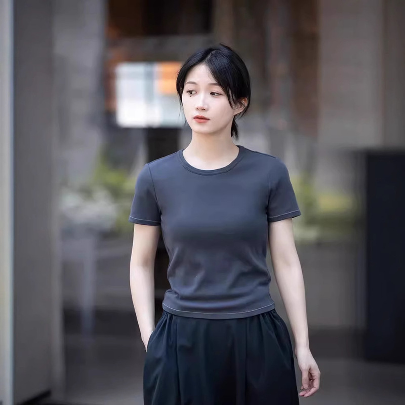 Retro Original Gray Ribbed Fabric Breathable Slim-Fit Pure Cotton Round-Neck Women's Short-Sleeve T-Shirt with a Unique Design