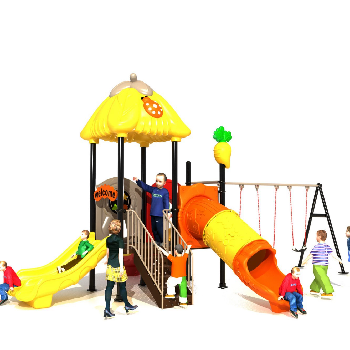 Детская игровая площадка с горкой и качелями для нескольких человек, 89-секционная пластиковая горка для парков и уличных зон