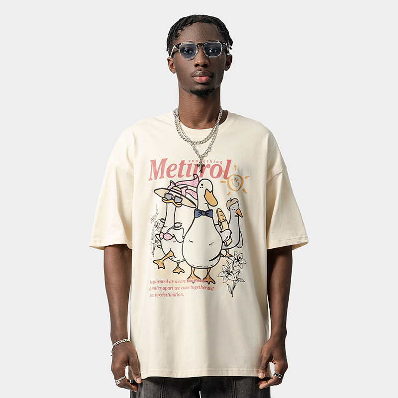 American Trendy Duck Print Kurzarm T-Shirt Herren Loose Oversize Trendy High Street Paar Vielseitiges T-Shirt_voghion.com