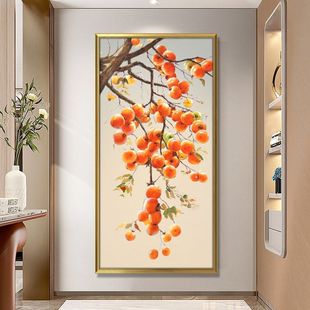 Entrance Decorative Painting Pure Hand-Painted Oil Painting Persimmon Ruyi Persimmon Painting New Chinese Style Vertical Version Home Stereo Hanging Painting Hanging Painting