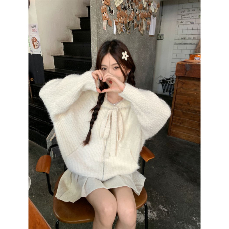 白月光软糯连帽针织衫宽松纯欲奶白色毛衣毛毛外套毛茸茸柔软保暖|undefined