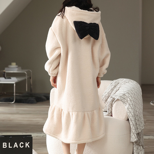 Winter thickened women's plush nightgown, warm flannel pajamas, coral velvet mid-length bathrobe, home wear